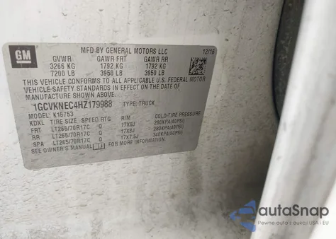 2017 Chevrolet Silverado 1500 Wt из США, поврежденный, VIN 1GCVKNEC4HZ179988